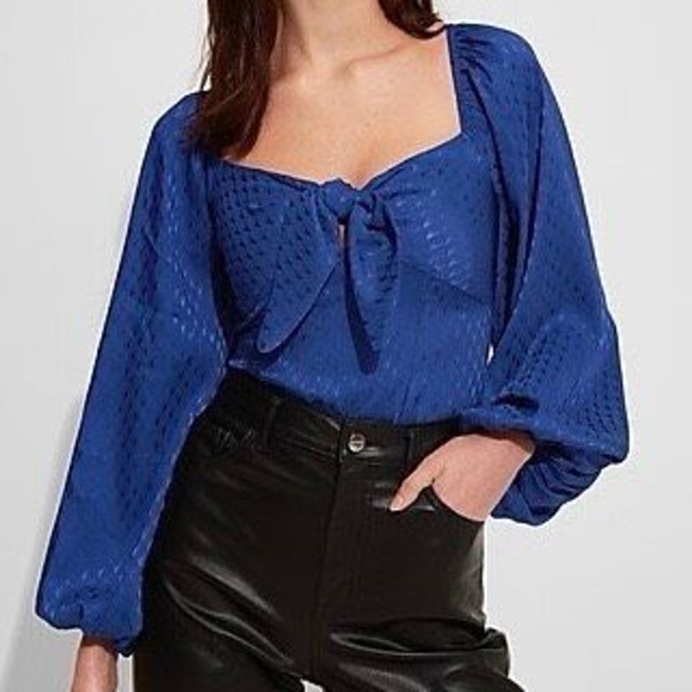 Express Blue Satin Jacquard Tie Front Long Sleeve Bodysuit XS New